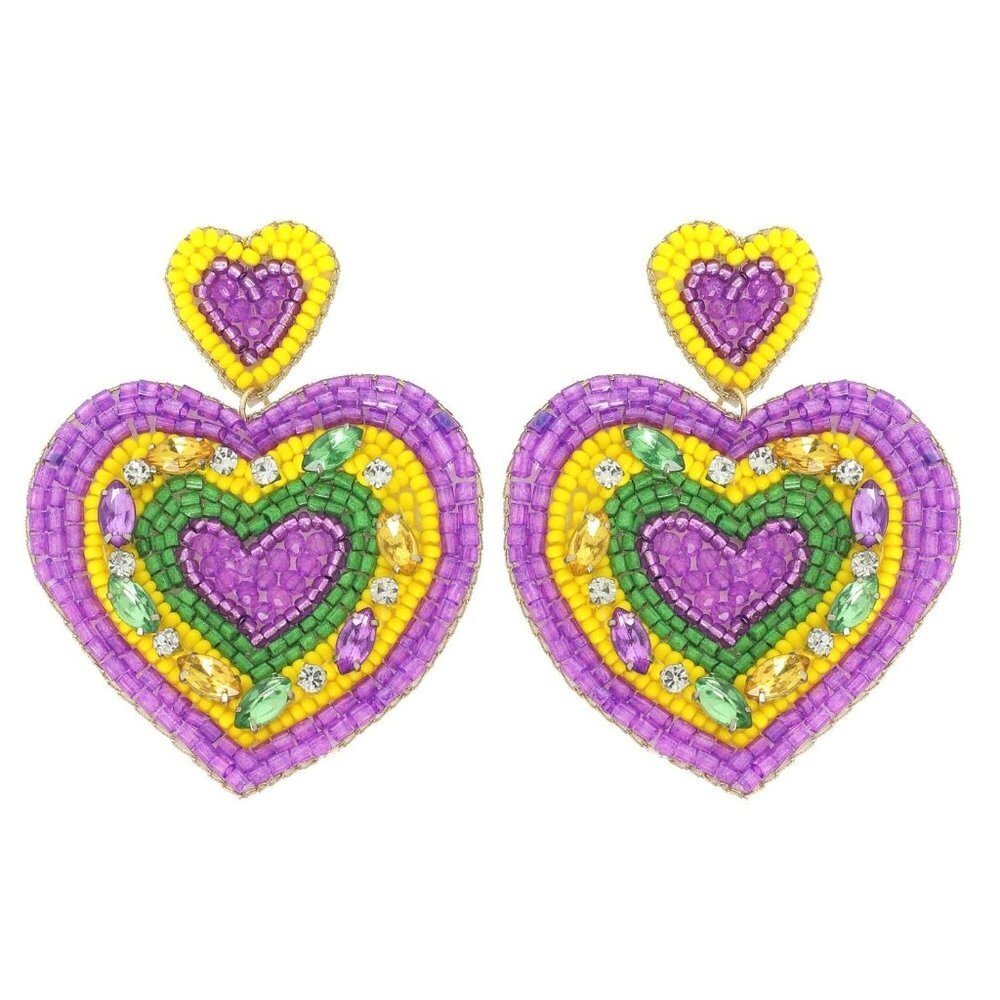 2 Tier Mardi Grass Tricolor Heart Post Crystal Rhinestone Seed Bead Earrings